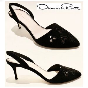 NIB Oscar de la Renta Pamie Slingback Heels Black Suede 55mm EU 37.5